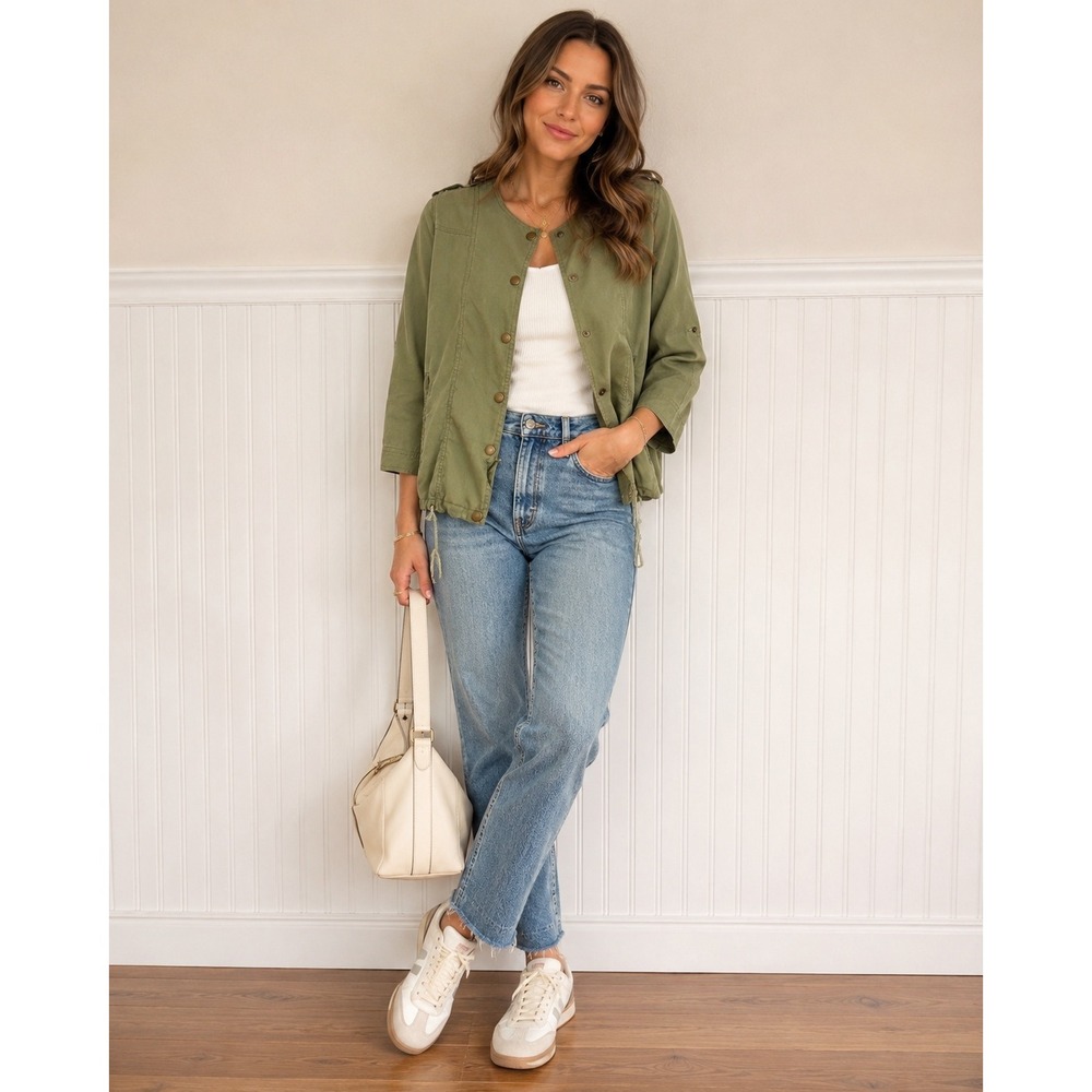 Market & Spruce WOmen's Olive Green Lightweight Utility Jacket with Snap Buttons